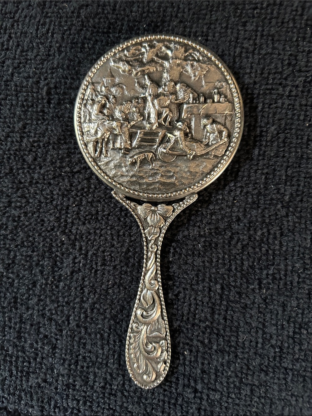 Hans Jenson Silver Plated Repousse Small Hand Purse Mirror with Figural Scene